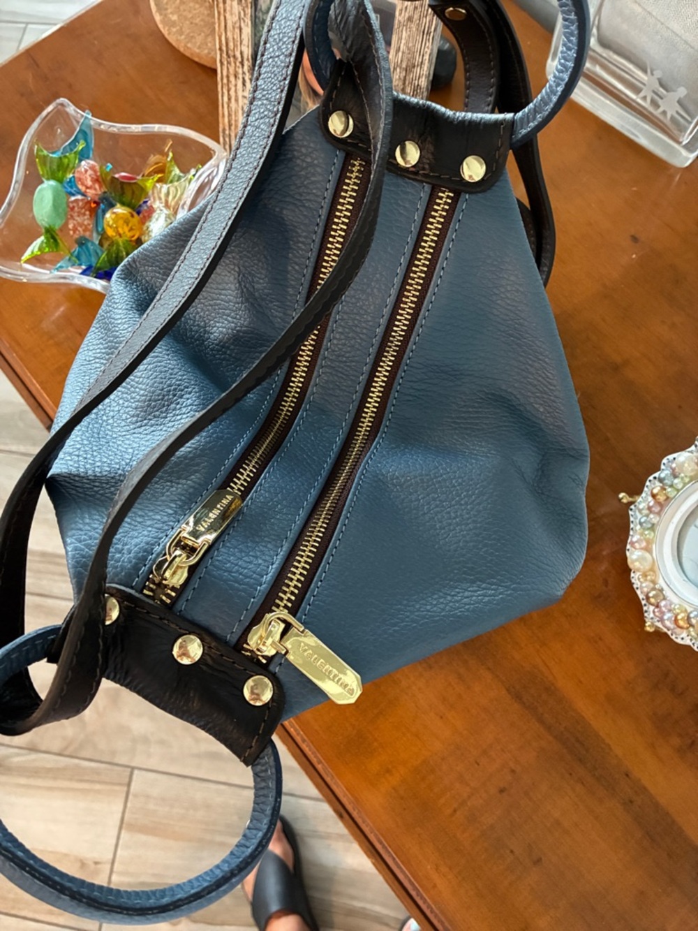 Valentina Blue and Dark Brown Leather Backpack - Picture 2 of 16
